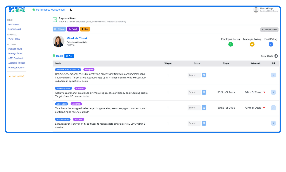 An image of Runtime HRMS performance management dashboard which shows appraisal form for an employee