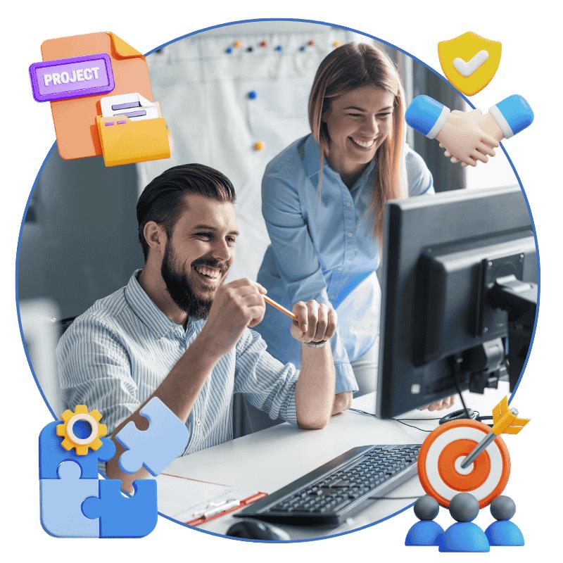 An image of employees working together on a project at office