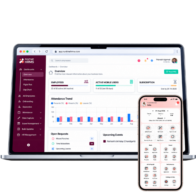 Runtime HRMS HR Portal Dashboard and Mobile app Workman home screen previews